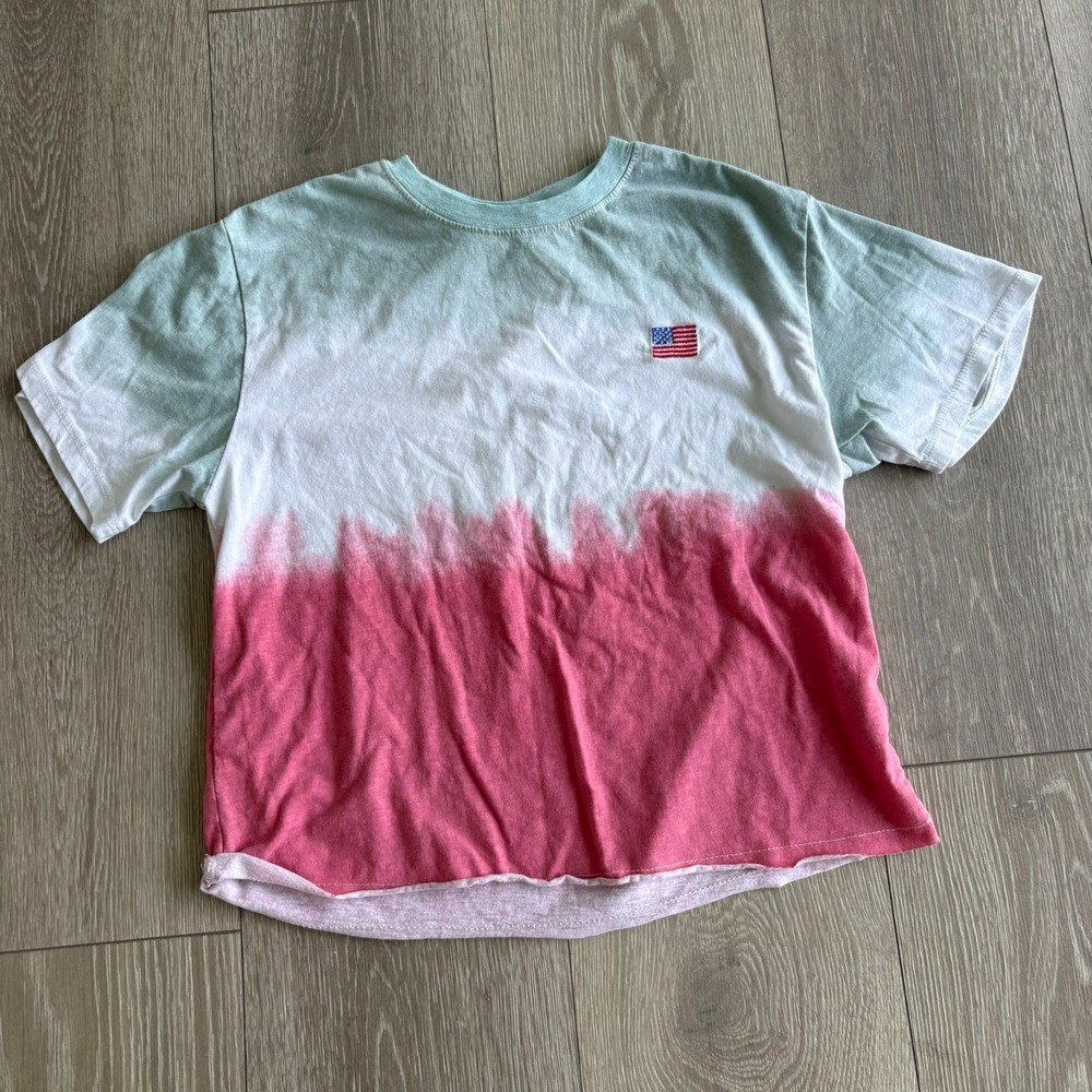 USA Shirt Womens Red White Dip-Dye USA Embroidered Logo T-Shirt Size‎ S